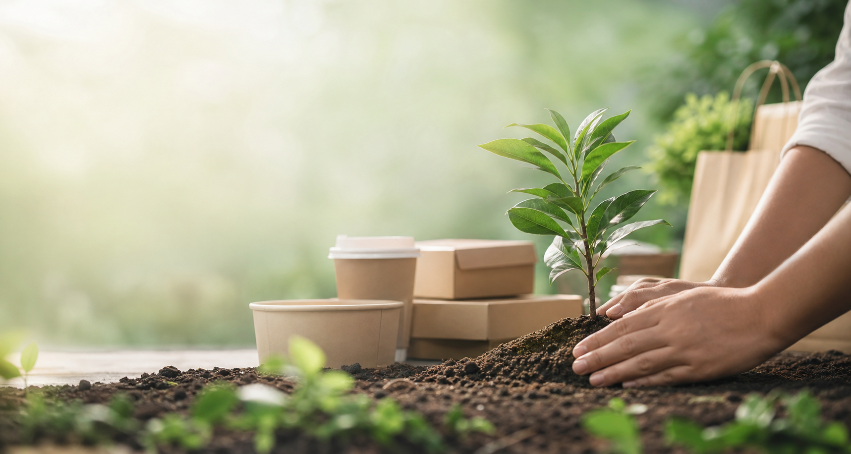 Hands planting a young tree beside sustainable food packaging